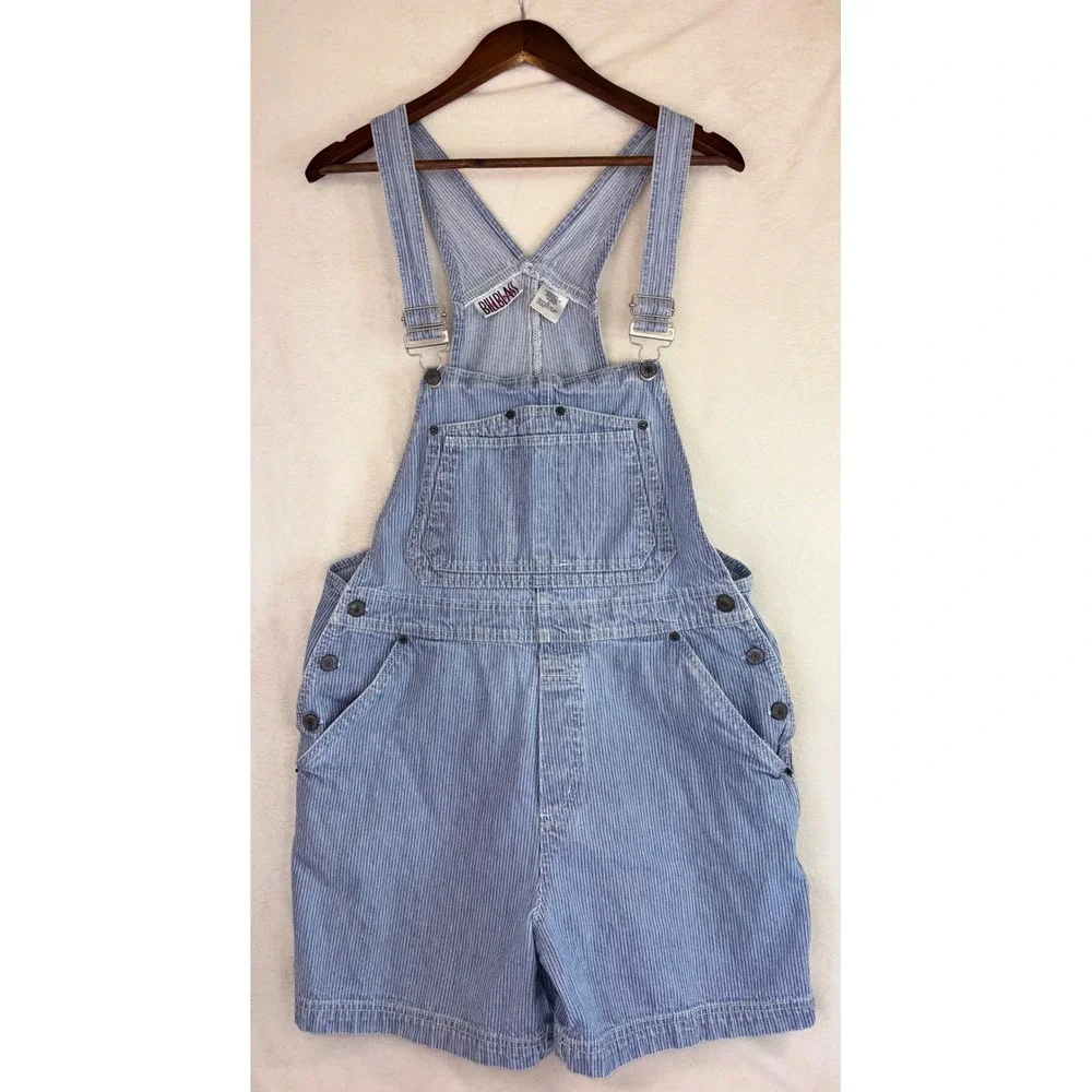VINTAGE 90s BILL BLASS Shortalls Jeans Overall Shorts Jort Stripe Hammer Loop